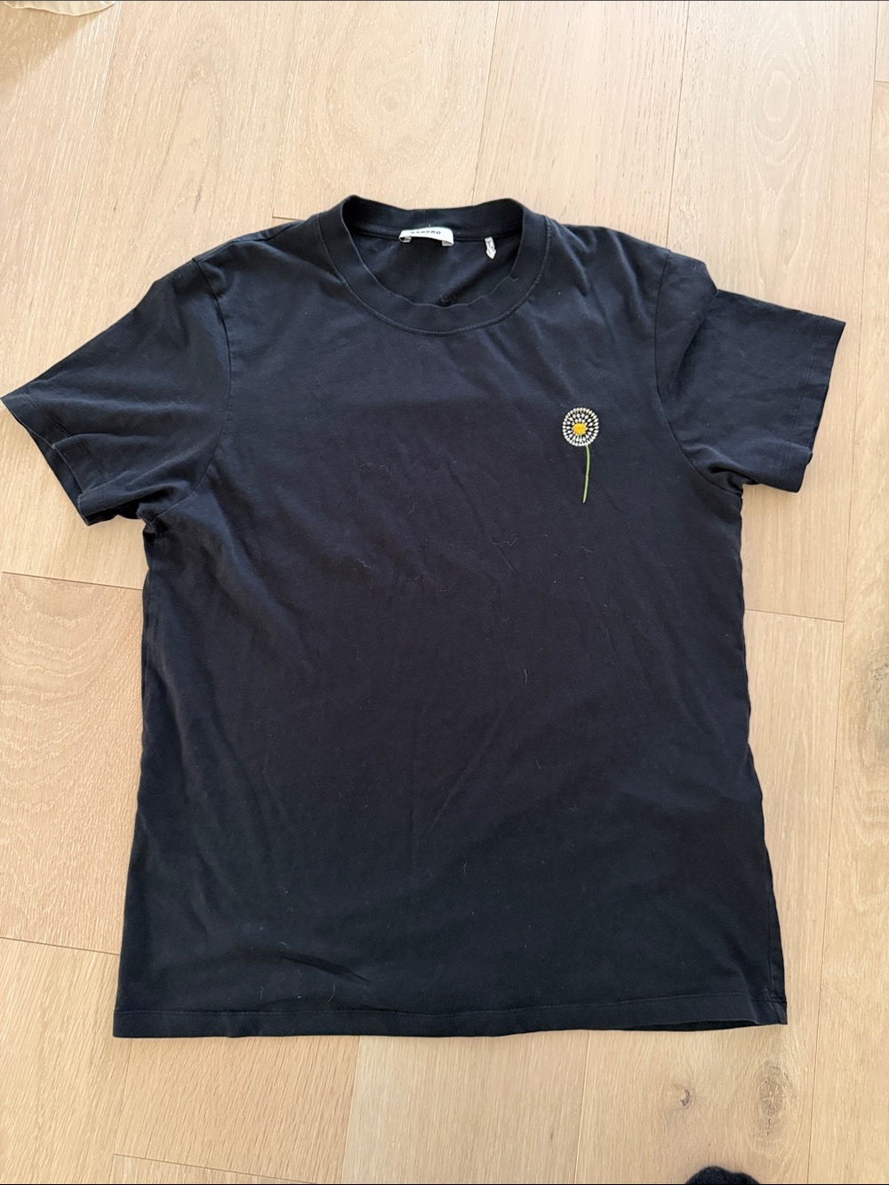 Sandro Blue Short-Sleeve Crewneck T-Shirt with Daisy Embroidery